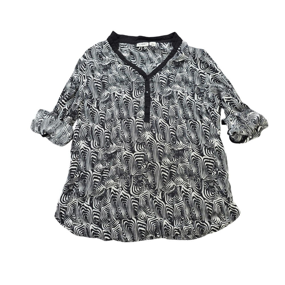 Cato V-Neck Blouse Women's Size M Black White Abstract Swirl Roll Tab Sleeve